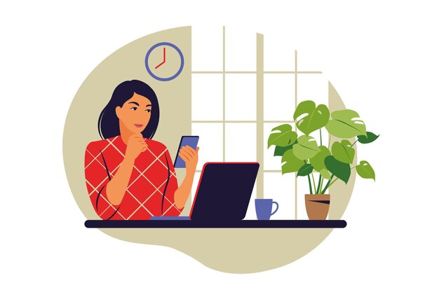 Concepto de teletrabajo. Freelancer trabajando desde casa. Ilustración vectorial. Plano.