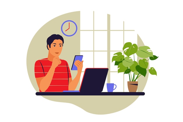 Concepto de teletrabajo. Freelancer trabajando desde casa. Ilustración vectorial. Plano.
