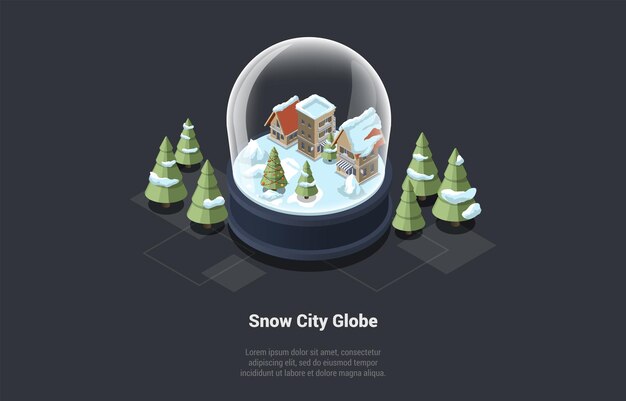 Concepto de tema de celebración de Navidad familiar de vacaciones de invierno Globo de ciudad de nieve hermosa con acogedoras casas nevadas con vitrinas de Navidad rodeadas de abetos Ilustración de vector de dibujos animados 3D isométrica
