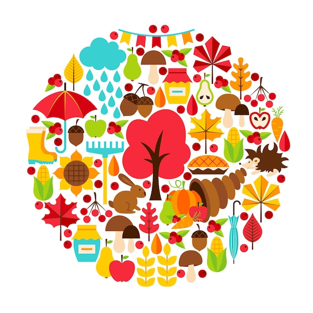 Concepto de temporada de otoño. Ilustración de vector. Conjunto de otoño aislado sobre blanco.