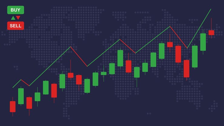 Vector concepto de tendencia económica mundial gráfico del mercado de valores o gráfico de velas de comercio de divisas