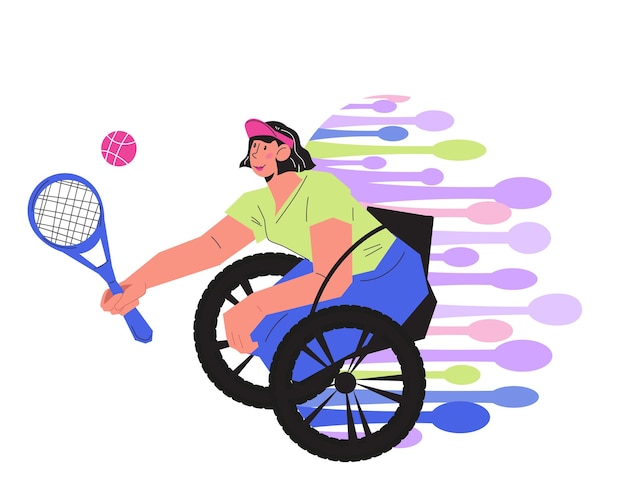 Concepto de tenis en silla de ruedas y deporte adaptativo para un entorno inclusivo y la rehabilitación de personas con discapacidad física Vector aislado del elemento de diseño del emblema o logotipo del tenis en silda de ruedas