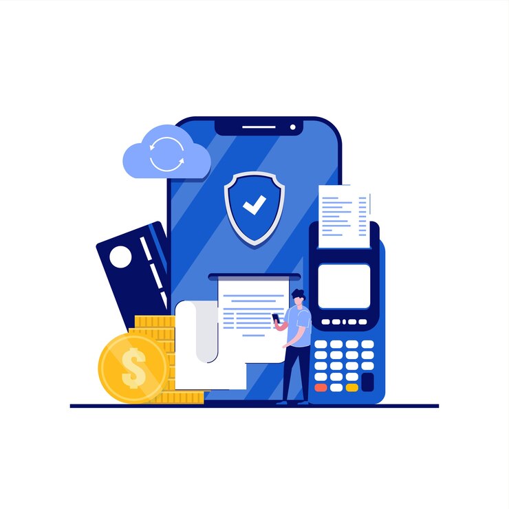 Vector concepto de terminales de pago con carácter. la gente se para cerca de la terminal pos con tarjeta bancaria, teléfono móvil con factura de recibo en papel. estilo plano moderno para página de destino, aplicación móvil, imágenes de héroe.