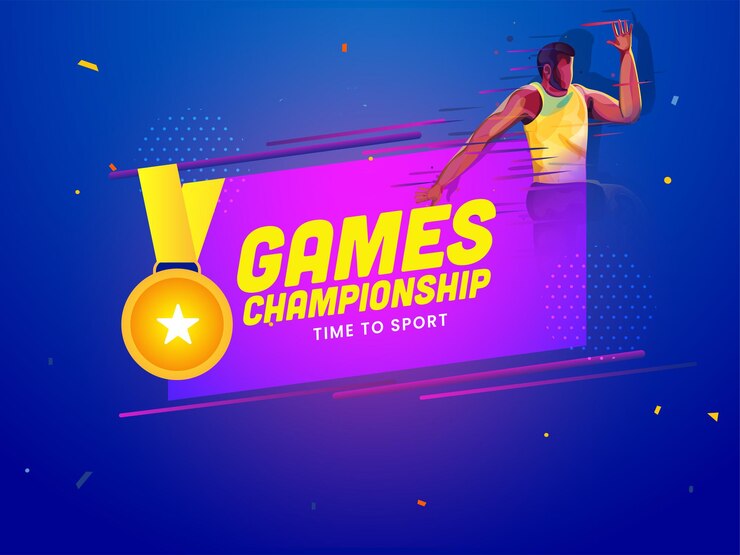 Vector concepto de tiempo de campeonato de juegos para deporte con atleta corredor y medalla de oro