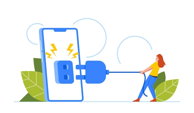 Concepto de tiempo de espera de tecnología con una mujer pequeña que apaga un teléfono enorme que necesita tomar un descanso de Internet y el teléfono celular