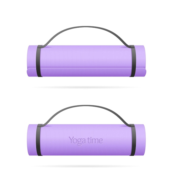 Concepto de tiempo de yoga con 3D realista detallado Violet Rolled Exercise Mat Set Vector