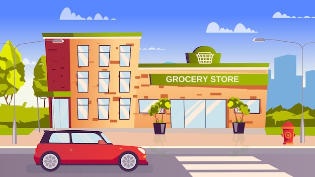 Concepto de tienda de abarrotes en diseño plano de dibujos animados. el edificio de la tienda con escaparate está en la calle, el coche circula por la carretera. compras de alimentos en el paisaje urbano moderno de supermercado. fondo de ilustración vectorial