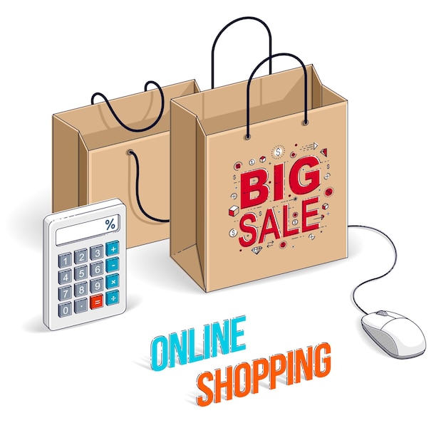 Concepto de tienda en línea, tienda web, ventas por Internet, bolsa de compras con ratón de pc y calculadora aislada en fondo blanco. Ilustración isométrica de negocios y finanzas vectoriales, diseño de línea delgada 3d.