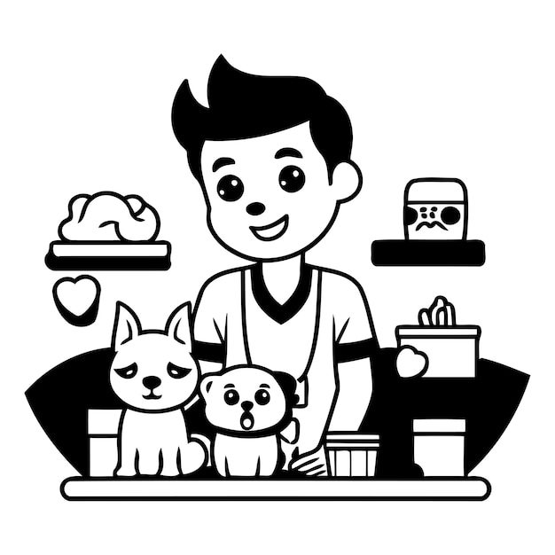 Vector concepto de tienda de mascotas ilustración vectorial en estilo plano hombre joven con perro y comida