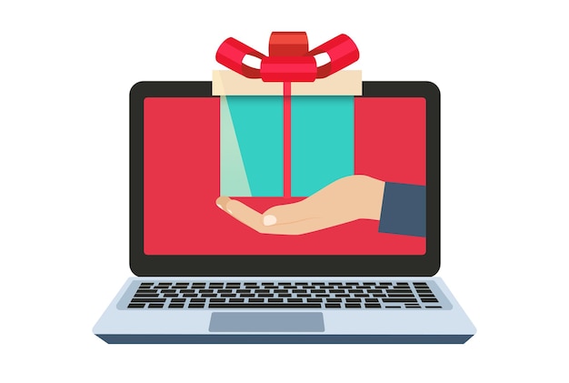 Concepto de tienda online. computadora y mano sosteniendo un regalo para el comprador. ilustración vectorial.