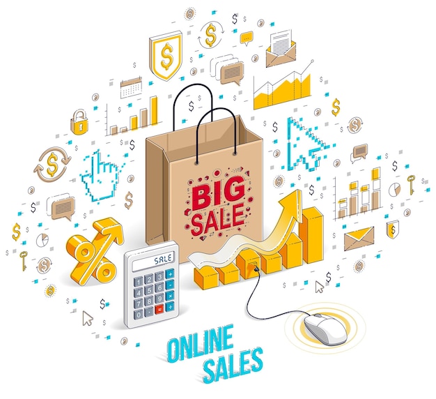Concepto de tienda online, tienda web, ventas por internet, bolso de compras con ratón de pc conectado aislado en blanco. Ilustración isométrica de finanzas vectoriales 3d con iconos, gráficos de estadísticas y elementos de diseño.