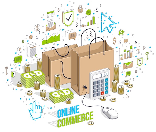 Concepto de tienda online, tienda web, ventas por internet, bolso de compras con ratón de pc conectado aislado en blanco. Ilustración isométrica de finanzas vectoriales 3d con iconos, gráficos de estadísticas y elementos de diseño.