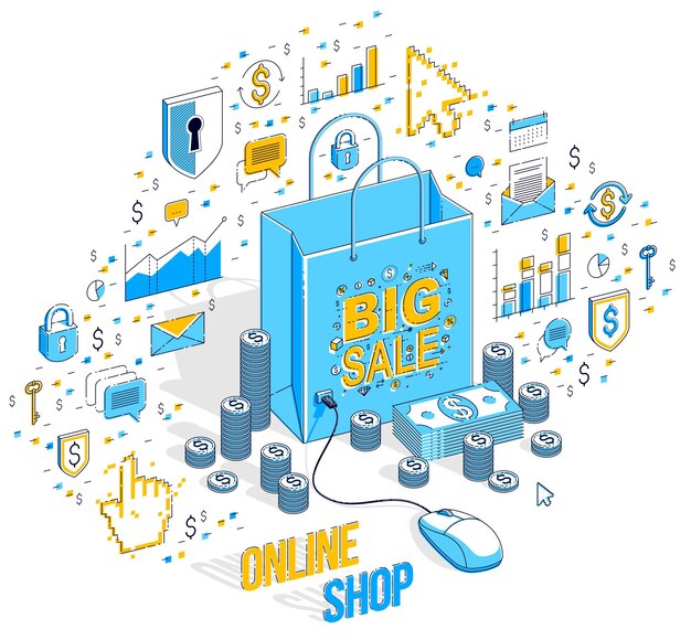 Concepto de tienda online, tienda web, ventas por internet, bolso de compras con ratón de pc conectado aislado en blanco. Ilustración isométrica de finanzas vectoriales 3d con iconos, gráficos de estadísticas y elementos de diseño.