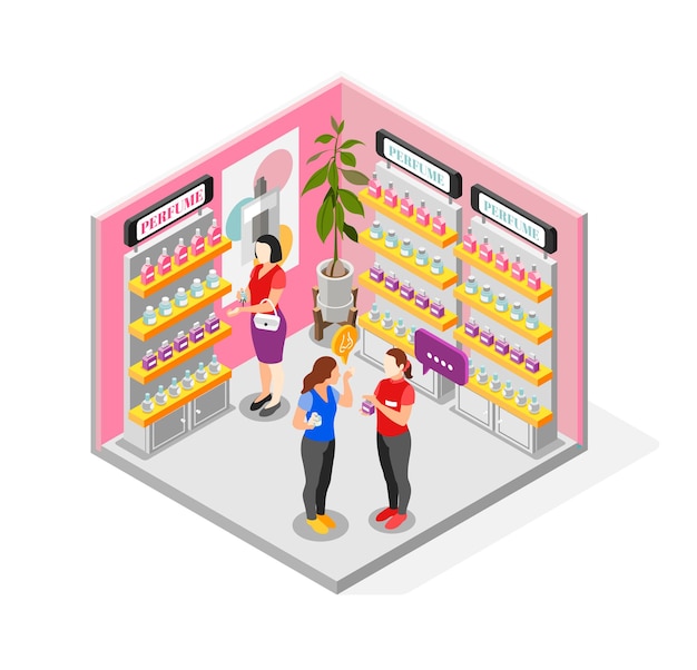 Concepto de tienda de perfumes con variedad y símbolos de elección ilustración vectorial isométrica