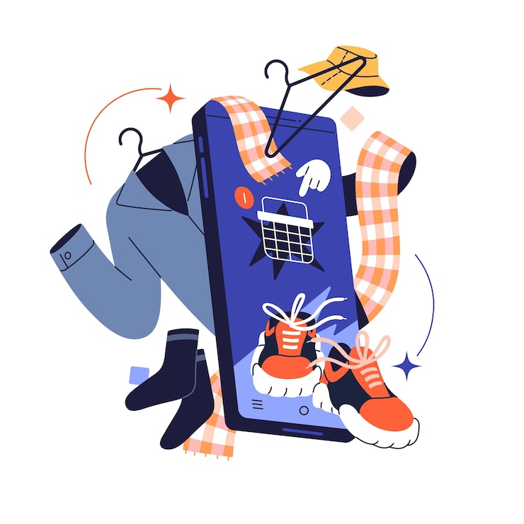 Vector concepto de tienda de ropa en línea aplicación de comercio electrónico en teléfonos inteligentes mercado digital mercado de ropa en teléfonos aplicación de entrega de compras por internet ilustración vectorial aislada plana en fondo blanco