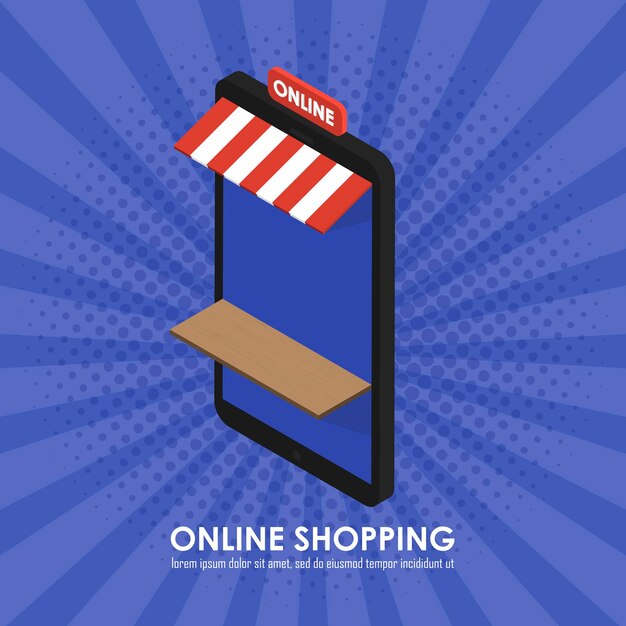 El concepto de tienda de telefonía isométrica de compras en línea. Plantilla para tiendas, bienes y servicios. Ilustración de vector de estilo comic retro vintage