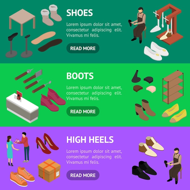 El concepto de la tienda de zapatos Banner Horizontal Set 3d Vector de vista isométrica