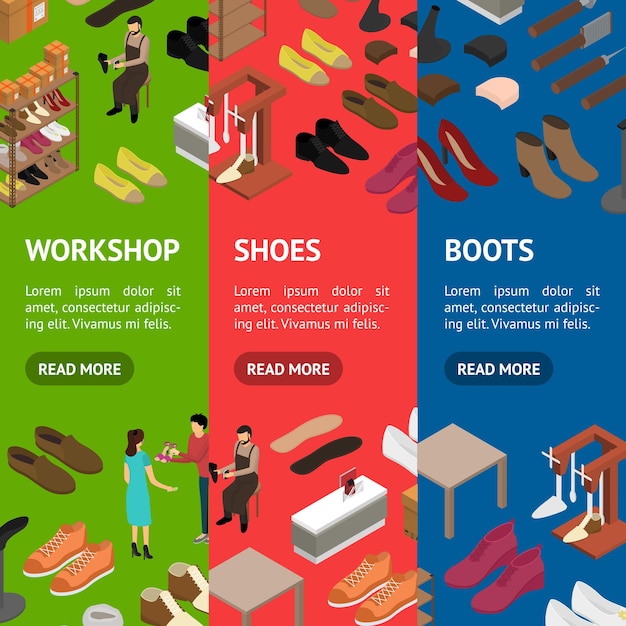 El concepto de la tienda de zapatos es un conjunto vectorial de pancartas 3D de vista isométrica vectorial.