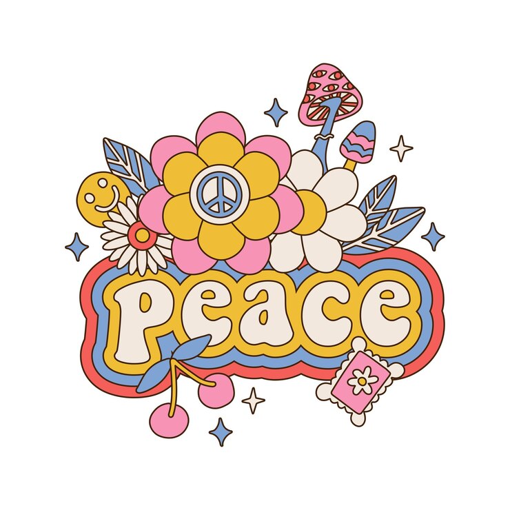 Vector concepto tipográfico aislado de impresión psicodélica con símbolo hippie flores adorno divertidos hongos y cereza estilo años 70 plantilla de etiqueta groovy ilustración vectorial