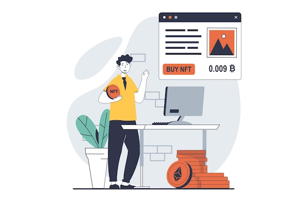 Concepto de token NFT con escena de personas en diseño plano para la web Hombre comprando obras de arte coleccionables con monedas criptográficas en galería virtual Ilustración vectorial para material de marketing de banner de redes sociales