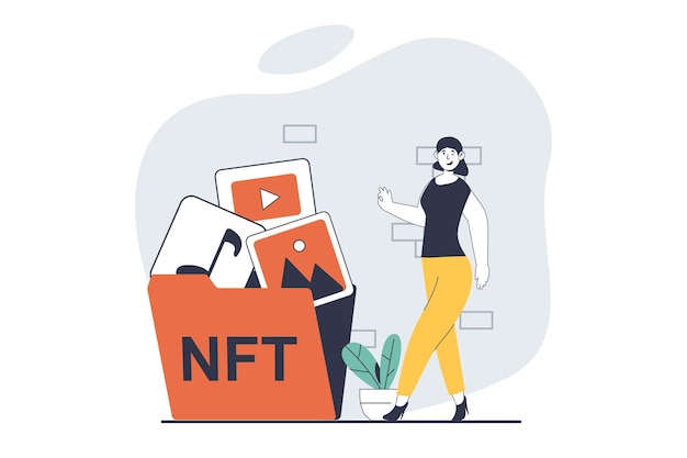 Concepto de token NFT con escena de personas en diseño plano para la web Mujer recopilando contenido digital de token no fungible o pintura de obras de arte Ilustración vectorial para material de marketing de banner de redes sociales