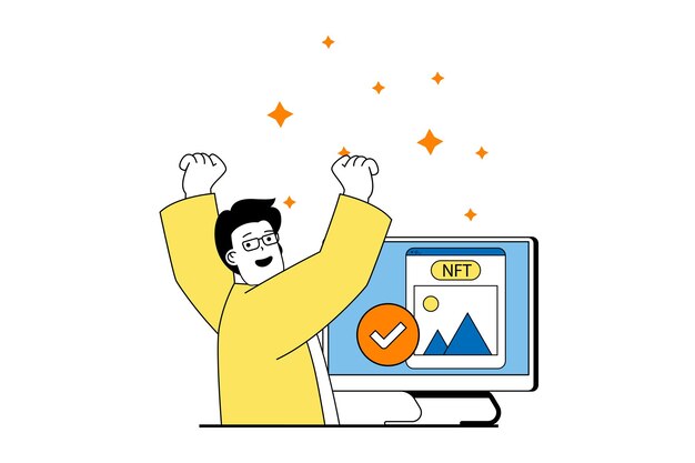 Concepto de token NFT con escena de personas en diseño web plano Hombre pintando obras de arte digitales para vender en galería virtual o mercado Ilustración vectorial para material de marketing de banners en redes sociales