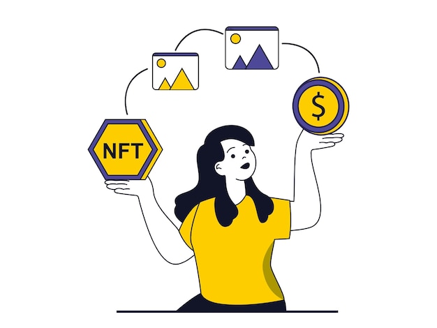 Concepto de token NFT con situación de personaje La mujer realiza transacciones en línea con criptomonedas y compra arte digital con tecnología NFT Ilustración vectorial con escena de personas en diseño plano para web