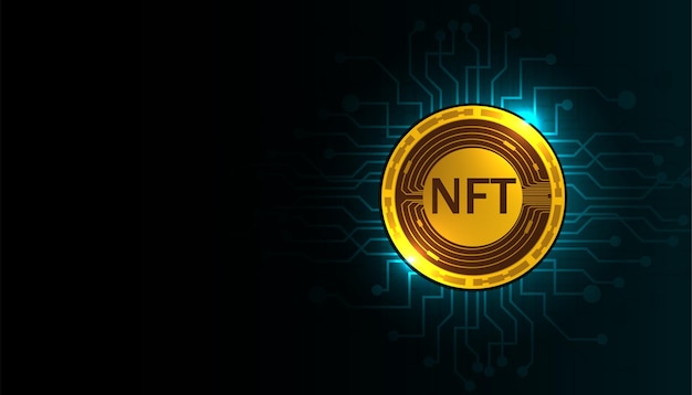 Concepto de tokens no fungibles NFT Palabra NFT y signo en superficie de tecnología abstracta