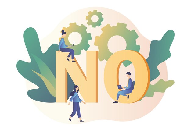 Sin concepto Toma de decisiones Personas diminutas con letras mayúsculas Estilo de dibujos animados plano moderno Ilustración vectorial sobre fondo blanco