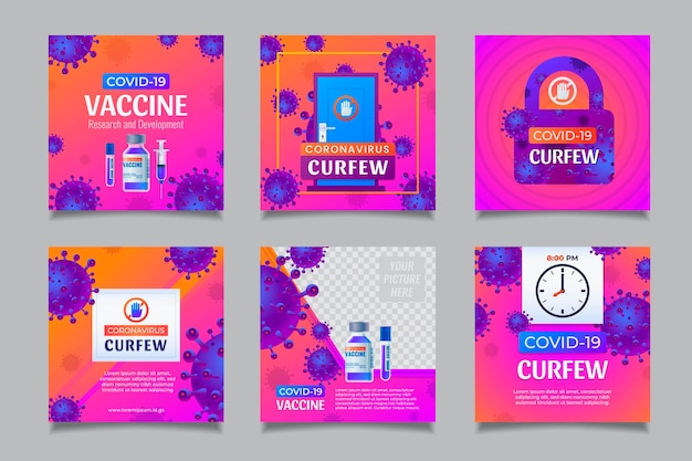 Concepto de toque de queda y vacuna contra el coronavirus, plantillas de publicaciones en redes sociales con ilustración realista.