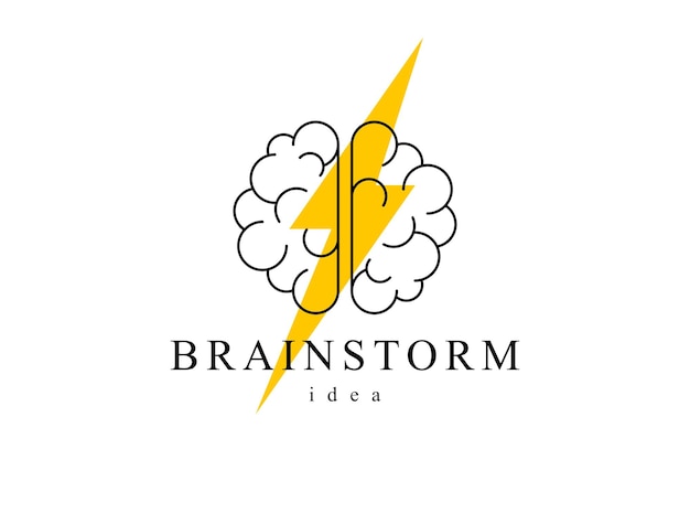 El concepto de tormenta de ideas, el logotipo o el icono vectorial, el cerebro humano y el rayo, el símbolo simple, el estilo moderno plano.