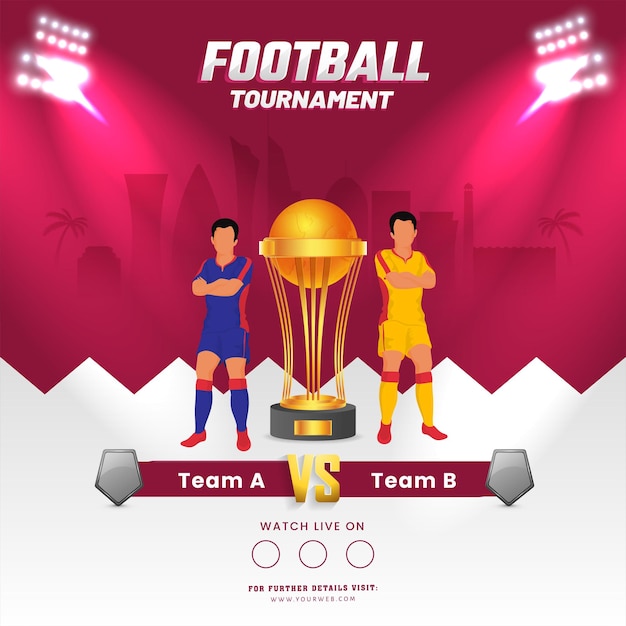 Vector concepto de torneo de fútbol con jugadores de futbolistas sin rostro del equipo participante ab 3d ganador de la copa de trofeo de oro sobre fondo de luces rojas y blancas del estadio