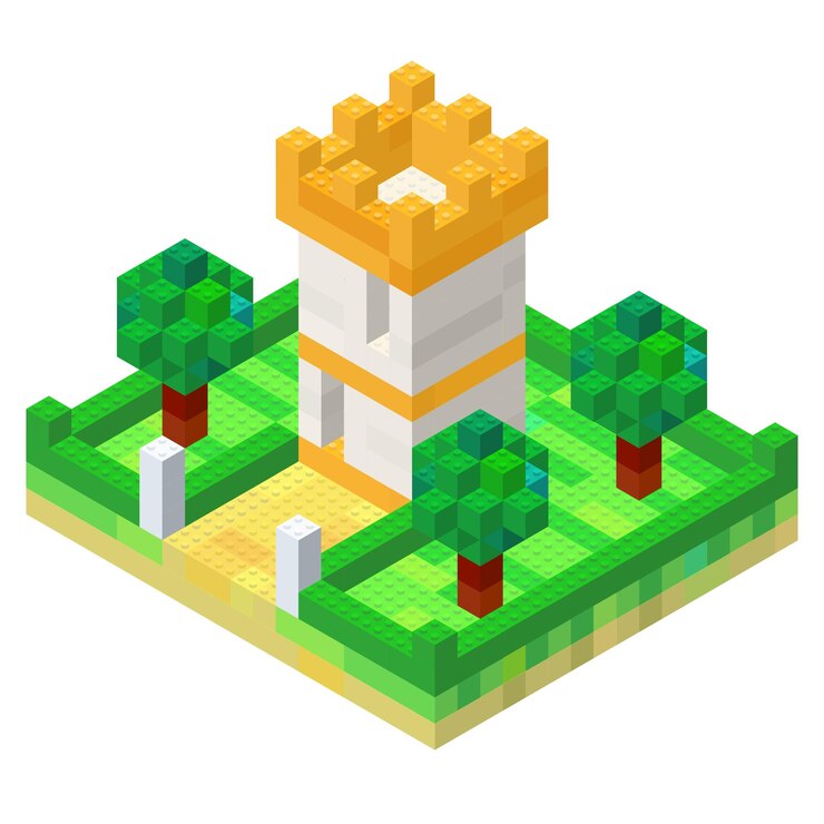 Vector el concepto de una torre con un patio de cubos multicolores en estilo isométrico para impresión y decoración ilustración vectorial