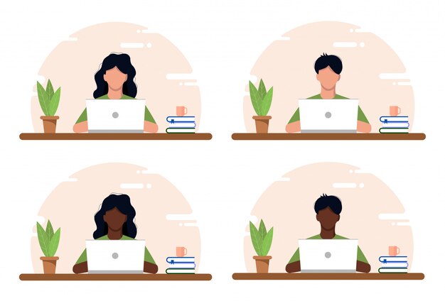 Concepto de trabajo en casa, espacio de coworking ilustración plana. Jóvenes, hombres y mujeres autónomos que trabajan en su casa. Ministerio del Interior en crisis covid-19. Ilustración de estilo plano por cuenta propia