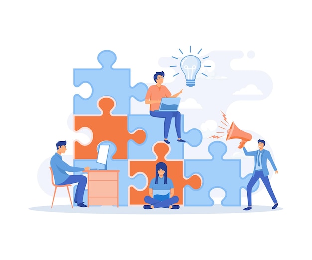El concepto de trabajo en equipo conjunto construyendo gente de negocios conectando piezas de rompecabezas ilustración moderna de vector plano