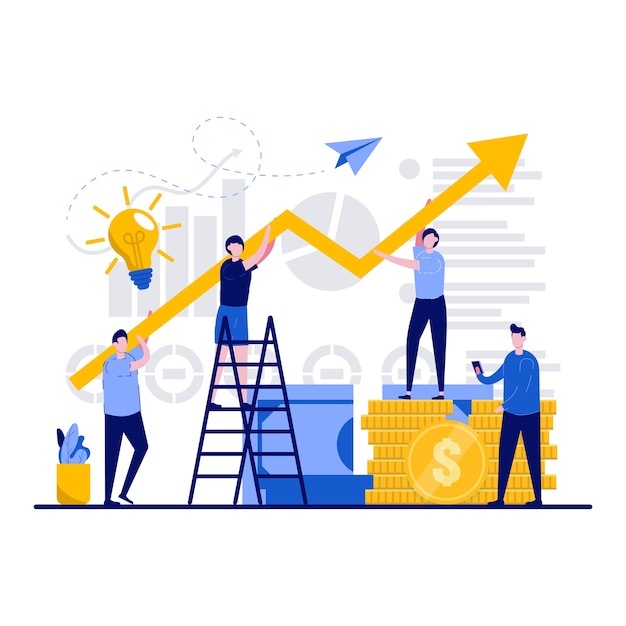 Concepto de trabajo en equipo empresarial con carácter diminuto.