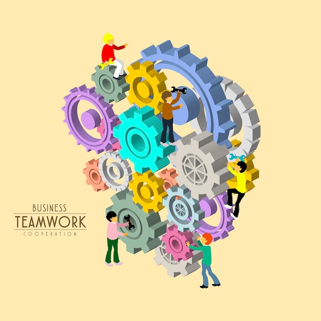 Concepto de trabajo en equipo empresarial en diseño plano isométrico 3d