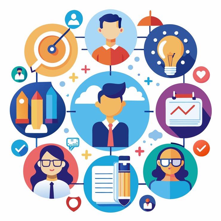 Vector concepto de trabajo en equipo empresarial con diversas personas en una red de íconos interconectados que representan la estrategia, la creatividad, la planificación y la colaboración