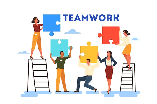 Concepto de trabajo en equipo empresarial. Idea de asociación y cooperación. Conexión y comunicación. Puzzle como metáfora de unidad y solución.