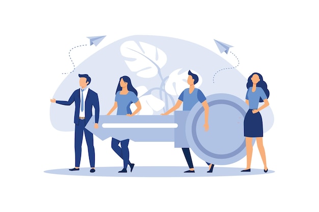 concepto de trabajo en equipo El empresario y el emprendedor van a la puerta con una ilustración plana de vector clave