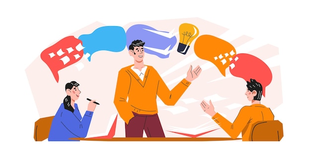 Concepto de trabajo en equipo equipo de negocios discutiendo temas de negocios ilustración de vector plano aislado en el fondo Colaboración efectiva en equipo y vector de productividad aislado Sinergia para los resultados