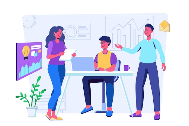 Concepto de trabajo en equipo con escena de personas para web Hombres y mujeres discutiendo tareas trabajando juntos en la colaboración y comunicación de la empresa en la oficina Ilustración vectorial en diseño de perspectiva plana