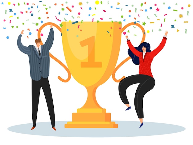 Concepto de trabajo en equipo. Feliz hombre y mujer con enorme copa de oro. Equipo de negocios de éxito con premio copa de oro, gente celebrando la victoria en la competencia. Personajes de dibujos animados de vector de estilo plano