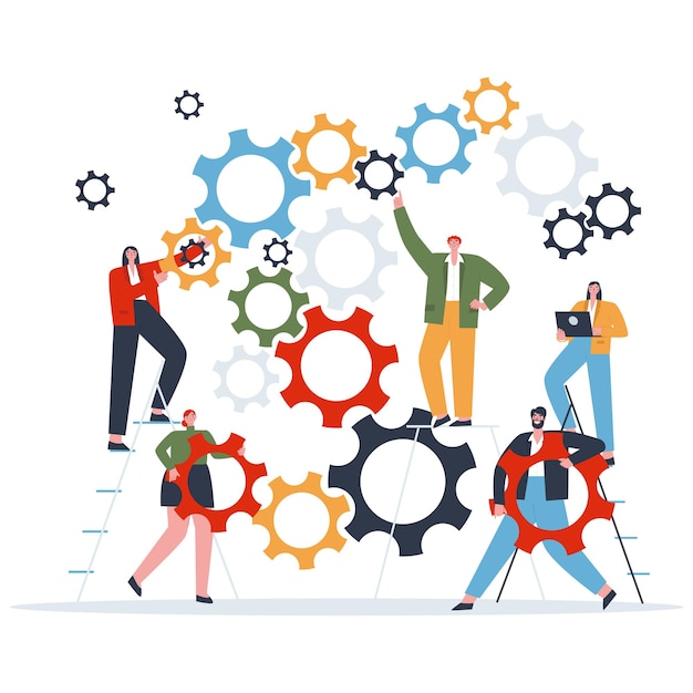 El concepto de trabajo en equipo La gente personaliza el sistema Ilustración vectorial plana Imprimir