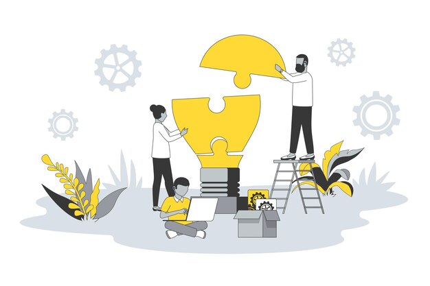 Concepto de trabajo en equipo y lluvia de ideas en diseño de línea plana Gente generando nuevas ideas lluvia de ideas