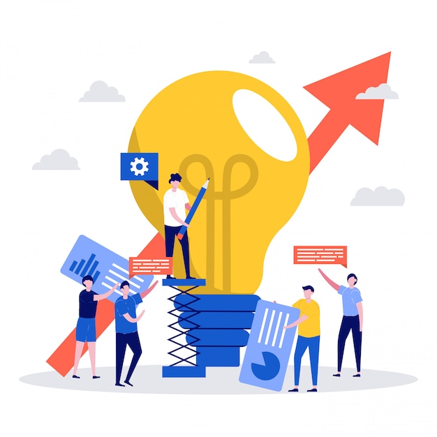Concepto de trabajo en equipo con personajes de pie junto a la bombilla. Innovación creativa y nueva idea.