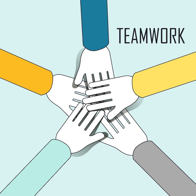 Vector concepto de trabajo en equipo: las personas superponen sus manos juntas para animarse mutuamente en el estilo de línea