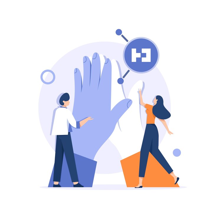 Vector concepto de trabajo en equipo con símbolos de coworking y trabajo de oficina ilustración vectorial plana