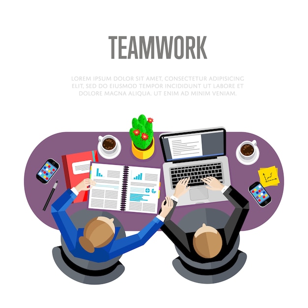 Concepto de trabajo en equipo. vista superior del espacio de trabajo