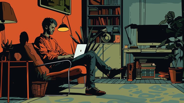Vector concepto de trabajo híbrido con hombre trabajando en casa utilizando ilustración vectorial plana de portátil